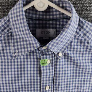 Eton XL Slim Fit 17 (43) Blue Check Shirt Long Sleeve Cotton Poplin Designer